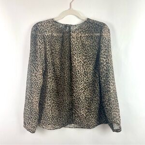 Mango Suit Sheer Top Black & Brown Leopard Print‎ Keyhole Neckline Drapey Size S